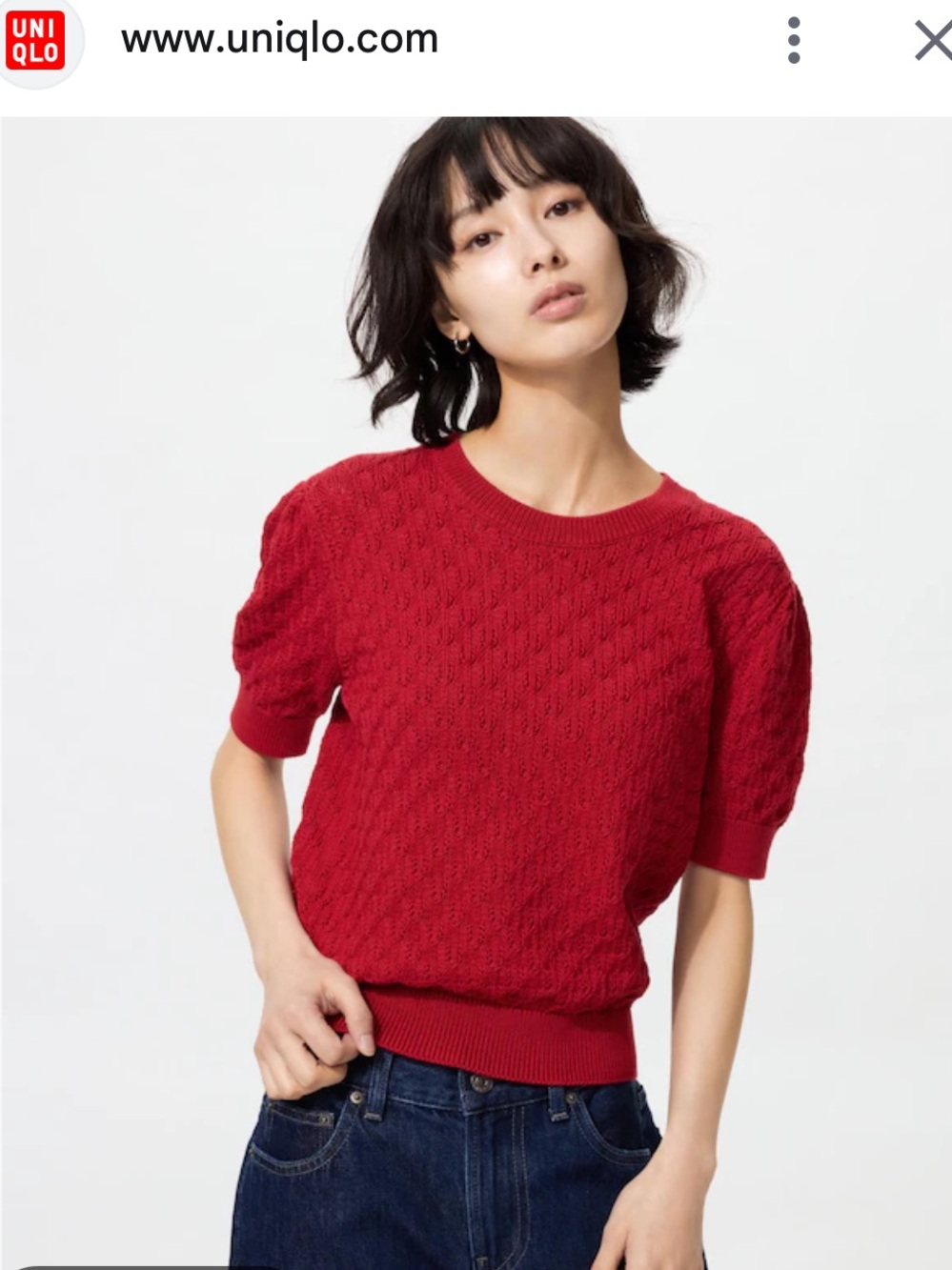 UNIQLO Red Pointelle Short Sleeve Crew Neck Sweater
